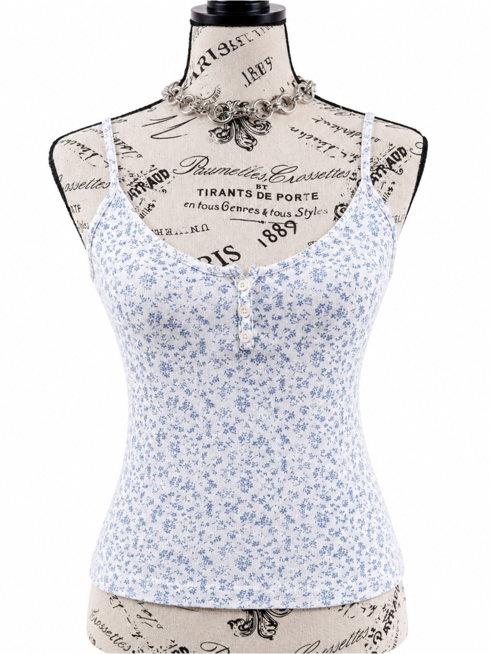 Brandy Melville Blue Floral Henley Tank Top